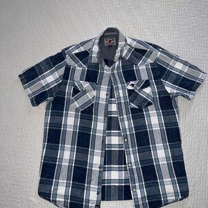 Desert Son Flag & Anthem Men's Blue Plaid Short Sleeve Button Down Shirt Medium